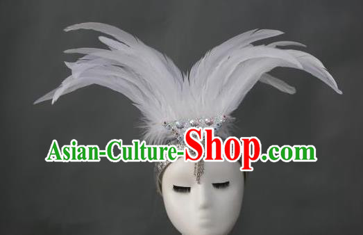 Handmade Samba Dance Hair Accessories Rio Carnival White Feather Hat Catwalks Giant Headpiece Stage Performance Hair Crown