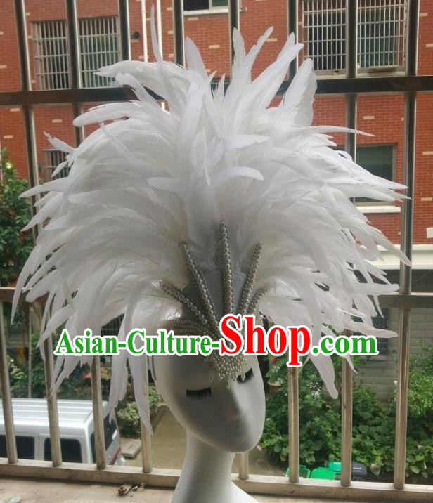 Handmade Rio Carnival Deluxe White Feather Hat Catwalks Pearls Headpiece Stage Performance Hair Crown Samba Dance Hair Accessories