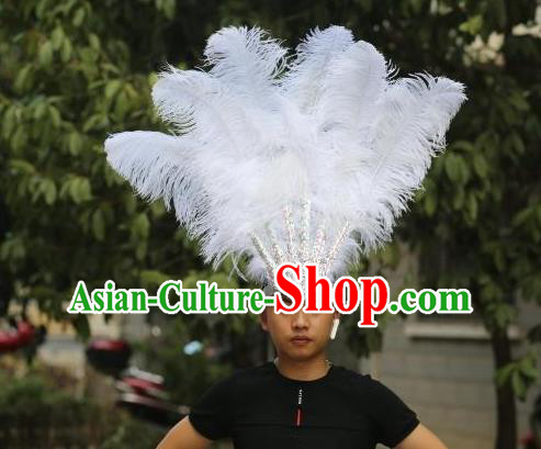 Handmade Rio Carnival White Feather Hat Halloween Male Headwear Stage Performance Hair Accessories Samba Dance Hair Crown