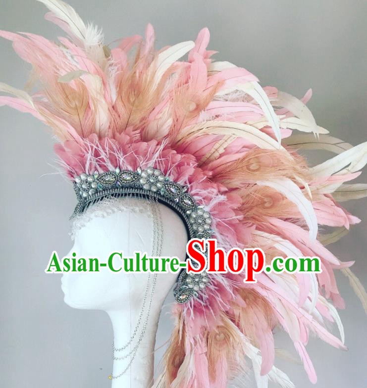 Handmade Stage Performance Headdress Samba Dance Pink Feather Hat Rio Carnival Deluxe Hair Accessories Catwalks Giant Hair Crown