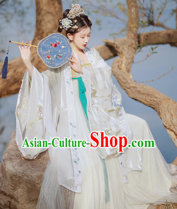 China Tang Dynasty Imperial Concubine Historical Clothing Traditional Court Woman White Hanfu Dress Apparels Ancient Palace Beauty Garment Costumes