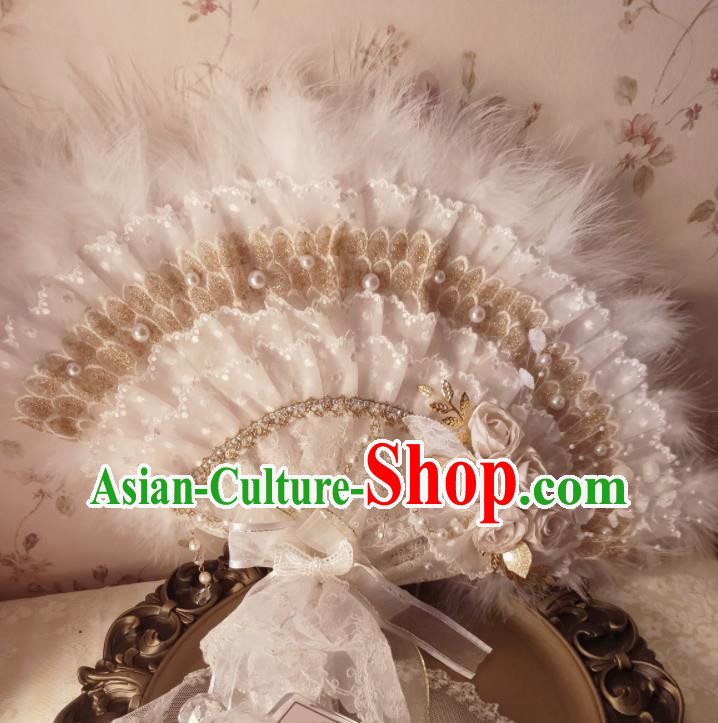 Handmade White Lace Fan Wedding Feather Fan Western Noble Lady Folding Fan European Princess Embroidery Pearls Fan