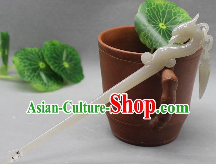 China Traditional Hair Accessories Ancient Court Lady Tassel Hair Stick Classical Headpiece Handmade Jade Carving Phoenix Hairpin