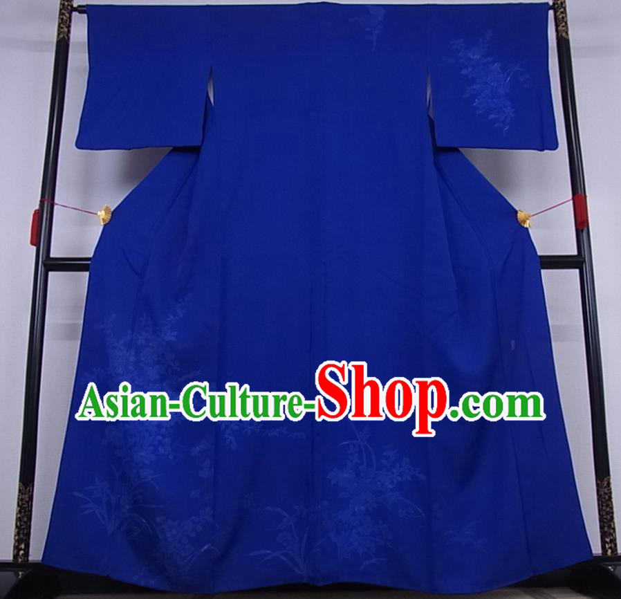 Japanese Traditional Ceremony Clothing Classical Orchids Pattern Tsukesage Kimono Costume Elderly Woman Deep Blue Yukata Dress