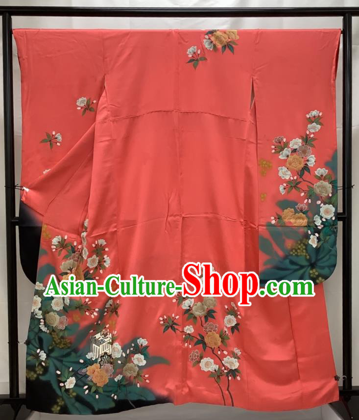 Japanese Wedding Bride Red Silk Yukata Dress Traditional Ceremony Clothing Classical Camellia Pattern Furisode Kimono Costume