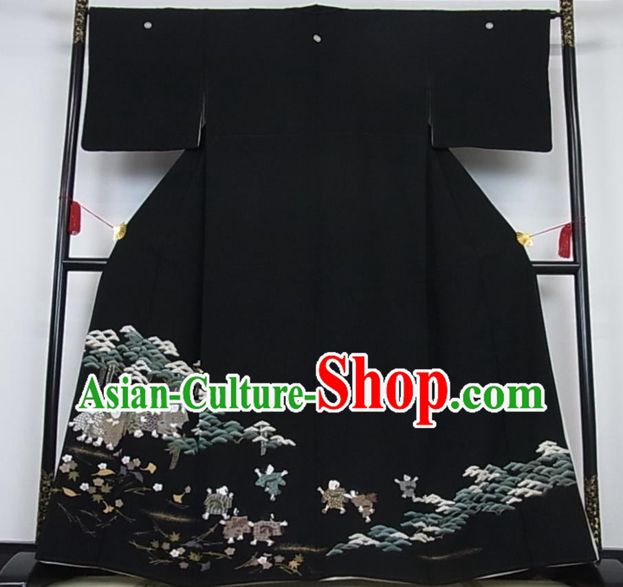 Japanese Traditional Ceremony Clothing Classical Children Pattern Kurotomesode Kimono Costume Elderly Woman Black Yukata Dress