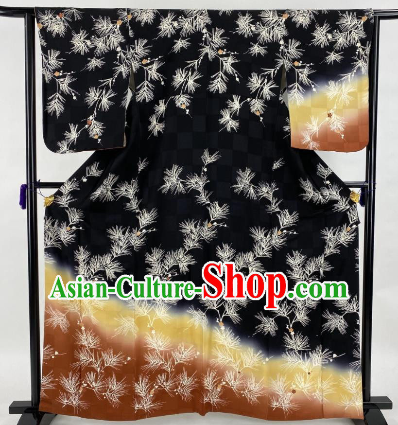 Japanese Elderly Woman Black Yukata Dress Traditional Ceremony Clothing Classical Dandelion Pattern Tsukesage Kimono Costume