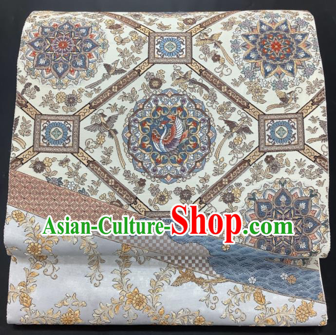 Traditional Japanese Yukata Robe White Brocade Girdle Accessories Classical Crane Pattern Kimono Belt Handmade Nishijin Tapestry Waistband