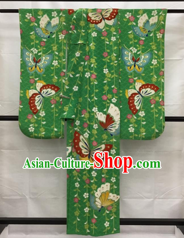 Japanese Young Woman Green Yukata Dress Traditional Court Clothing Classical Sakura Butterfly Pattern Furisode Kimono Costume