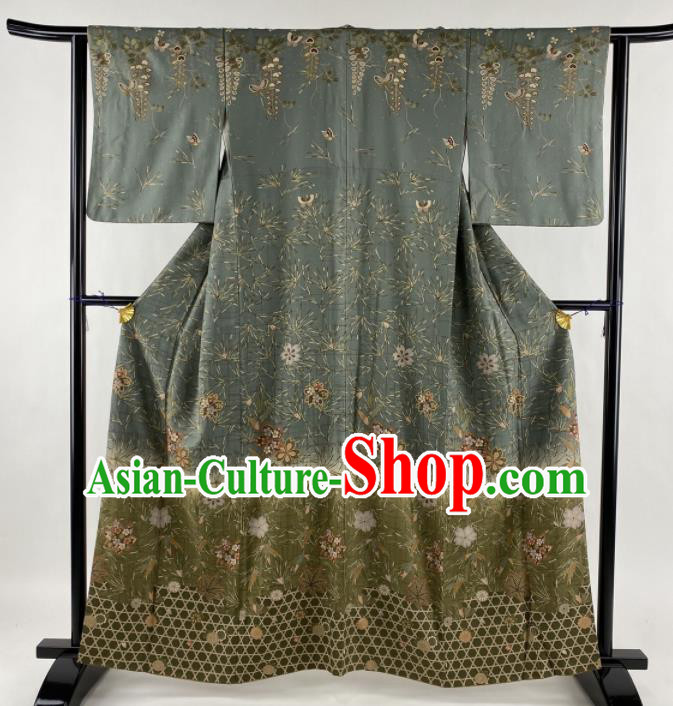 Japanese Elderly Woman Dark Green Yukata Dress Traditional Court Empress Clothing Classical Sakura Pattern Tsukesage Kimono Costume