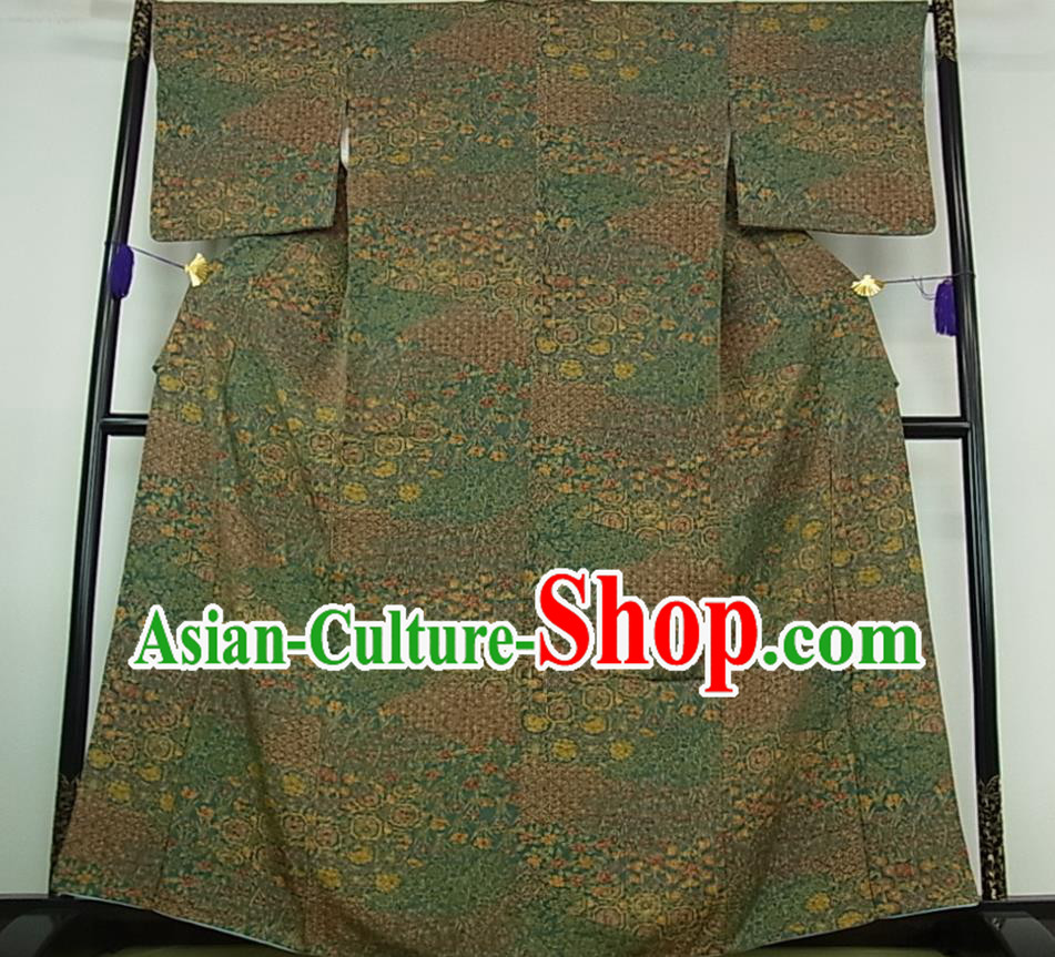 Japanese Classical Flowers Pattern Tsukesage Kimono Female Deep Green Yukata Dress Traditional Festival Clothing