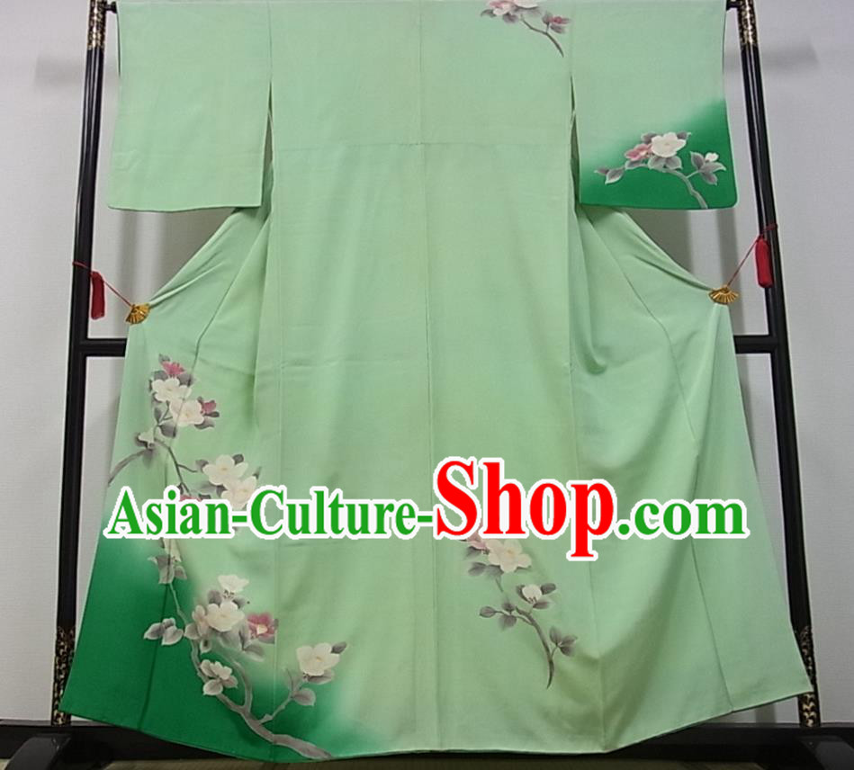 Japanese Classical Hibiscus Pattern Tsukesage Kimono Costume Young Woman Green Yukata Dress Traditional Court Lady Clothing