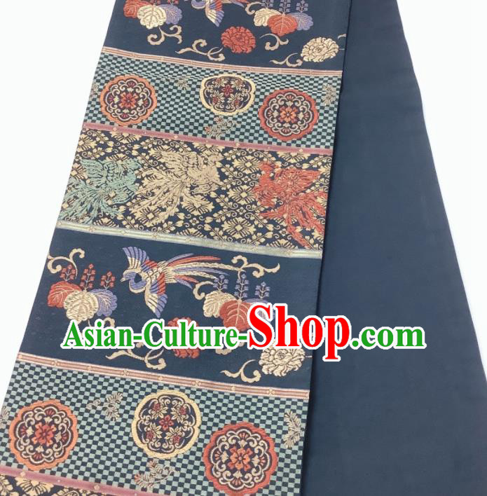 Traditional Japanese Handmade Navy Waistband Yukata Robe Girdle Accessories Classical Phoenix Peony Pattern Kimono Belt