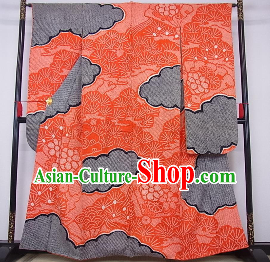 Japanese Court Woman Red Yukata Dress Traditional Wedding Bride Clothing Classical Cloud Pine Pattern Furisode Kimono Costume