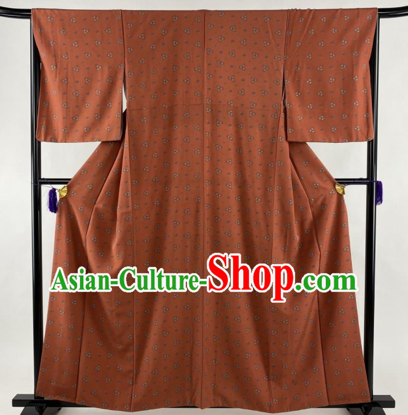 Japanese Classical Sakura Pattern Kimono Costume Young Woman Rust Red Yukata Dress Traditional Hanabi Taikai Clothing