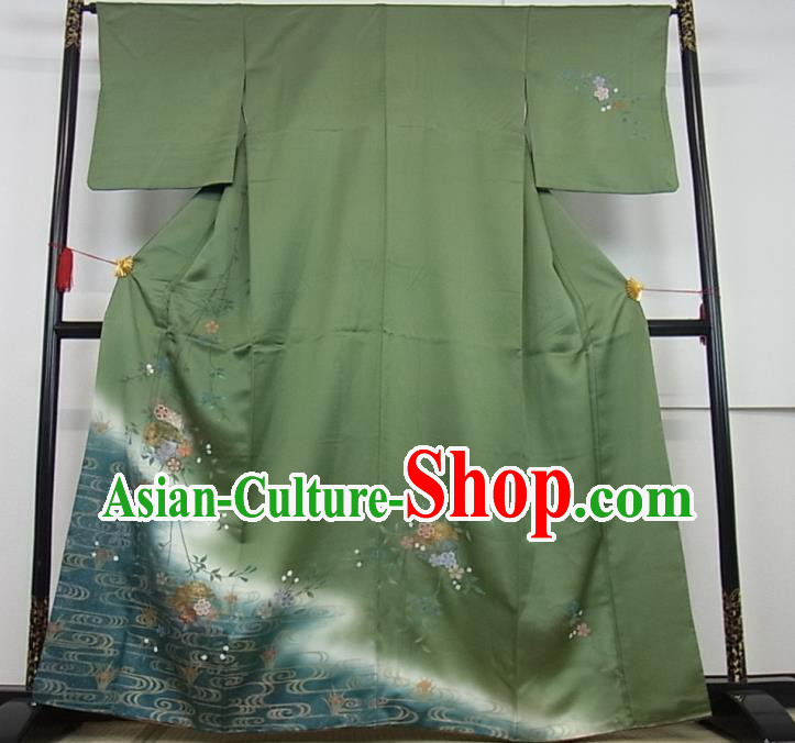 Japanese Traditional Festival Clothing Classical Sakura Pattern Tsukesage Kimono Costume Young Woman Green Yukata Dress