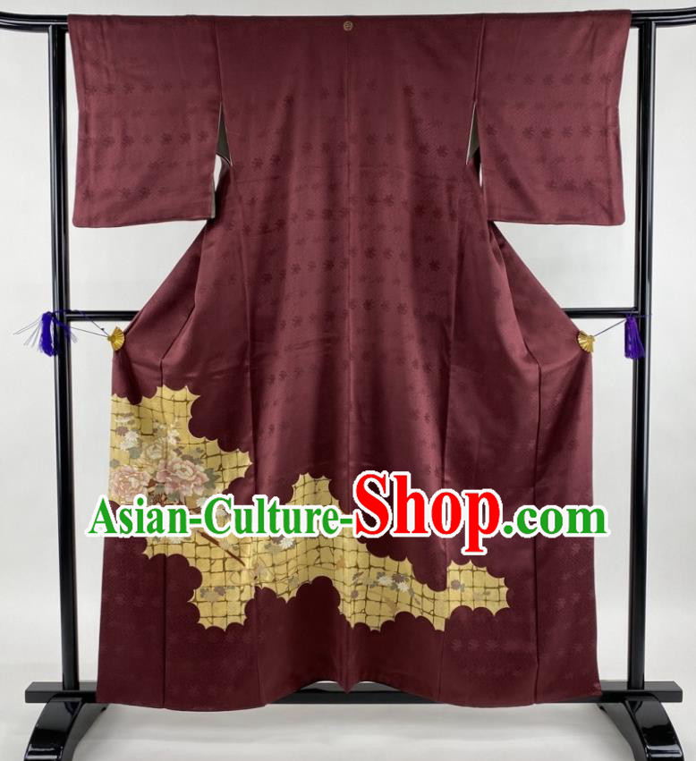 Japanese Classical Peony Pattern Tsukesage Kimono Costume Young Woman Wine Red Silk Yukata Dress Traditional Festival Clothing