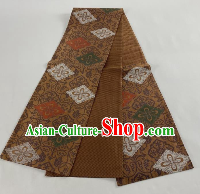 Japanese Handmade Brown Brocade Waistband Traditional Yukata Robe Nishijin Girdle Accessories Classical Pattern Kimono Belt