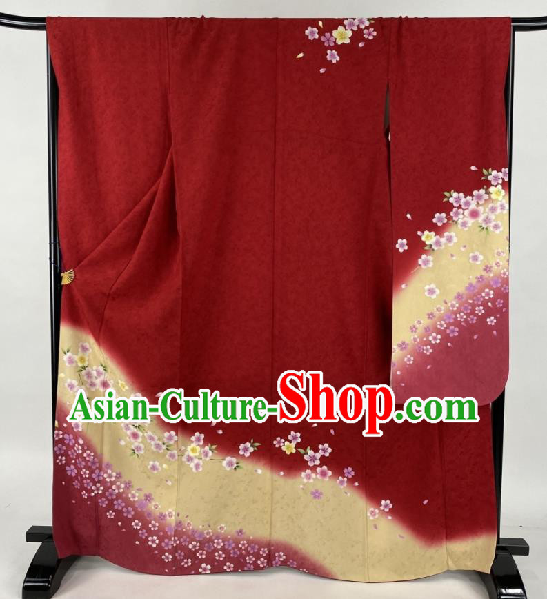 Japanese Wedding Bride Red Yukata Dress Traditional Ceremony Clothing Classical Sakura Pattern Furisode Kimono Costume