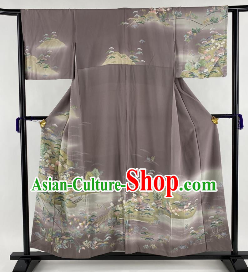 Japanese Classical Sakura Landscape Pattern Tsukesage Kimono Costume Elderly Female Grey Yukata Dress Traditional Ceremony Clothing