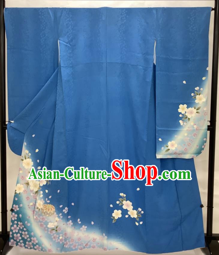 Japanese Young Female Blue Yukata Dress Traditional Ceremony Clothing Classical Sakura Pattern Furisode Kimono Costume