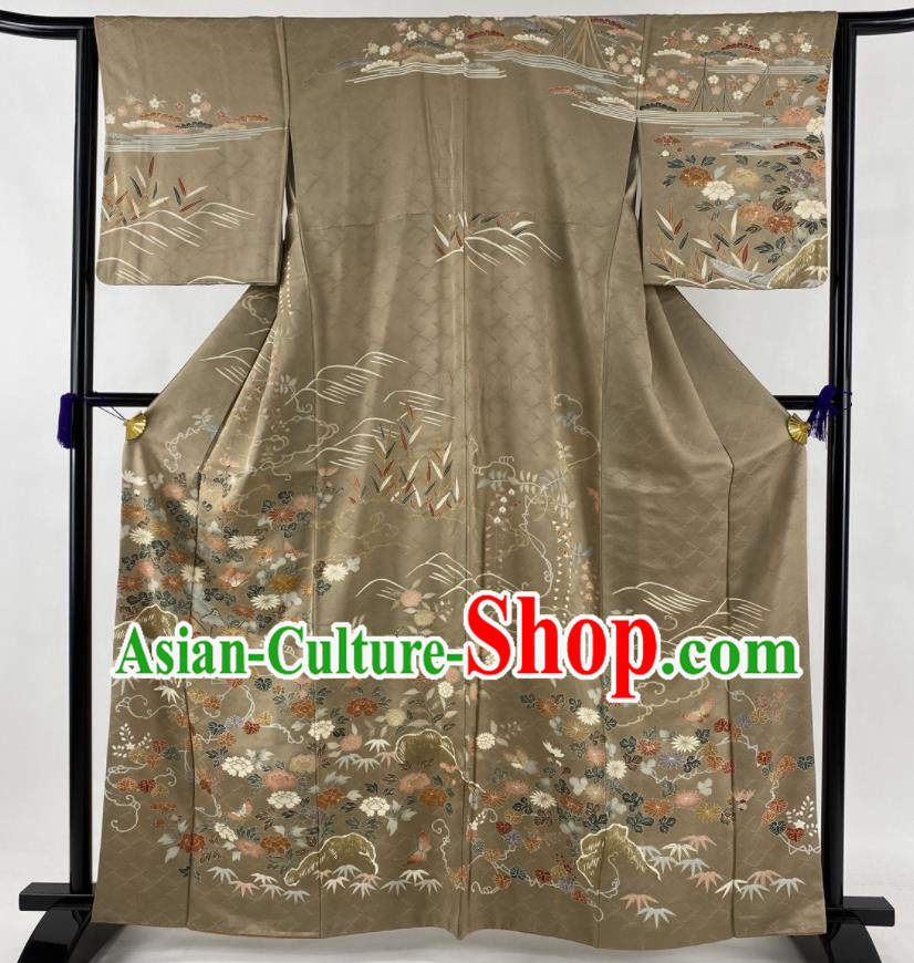 Japanese Traditional Ceremony Clothing Classical Bamboo Leaf Pattern Tsukesage Kimono Costume Noble Woman Khaki Silk Yukata Dress