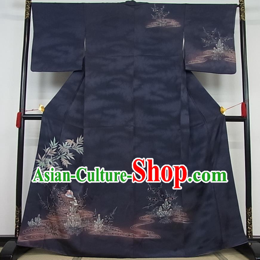 Japanese Elderly Woman Navy Silk Yukata Dress Traditional Homongi Clothing Classical Bamboo Leaf Pattern Tsukesage Kimono Costume