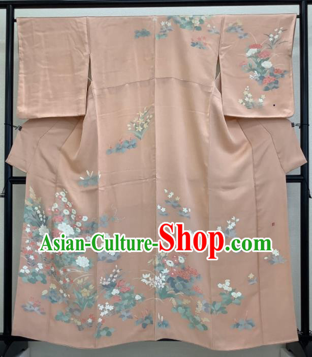 Japanese Classical Flowers Pattern Tsukesage Kimono Costume Young Woman Pink Yukata Dress Traditional Festival Clothing