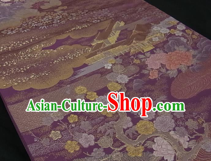 Japanese Handmade Purple Brocade Waistband Traditional Yukata Robe Nishijin Girdle Accessories Classical Peony Pattern Kimono Belt
