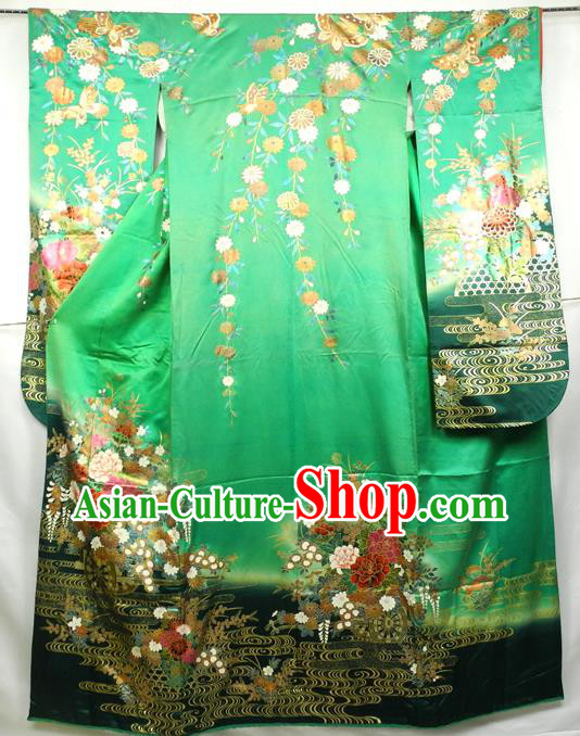 Japanese Classical Peony Flowers Pattern Furisode Kimono Costume Court Woman Green Silk Yukata Dress Traditional Wedding Bride Clothing