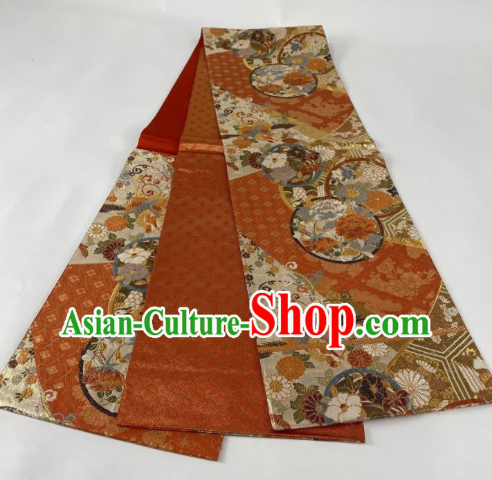 Japanese Handmade Red Brocade Waistband Traditional Yukata Robe Nishijin Girdle Accessories Classical Peony Pattern Kimono Belt