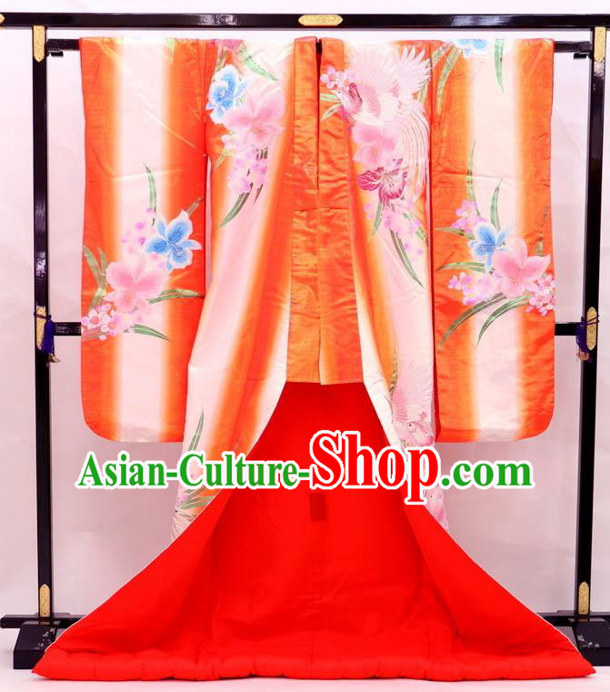 Japanese Geisha Courtesan Orange Silk Yukata Dress Traditional Court Bride Clothing Classical Phoenix Pattern Uchikake Kimono Costume