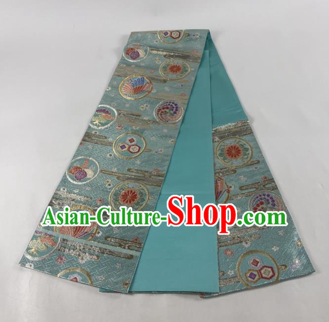Japanese Classical Butterfly Flowers Pattern Kimono Belt Handmade Blue Brocade Waistband Traditional Yukata Robe Nishijin Girdle Accessories