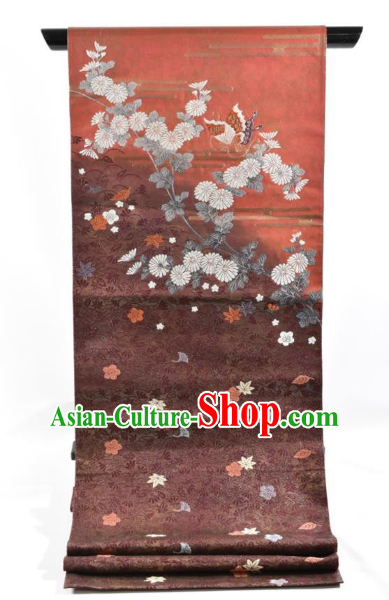 Japanese Handmade Nishijin Red Brocade Waistband Traditional Yukata Robe Girdle Accessories Classical Chrysanthemum Pattern Kimono Belt