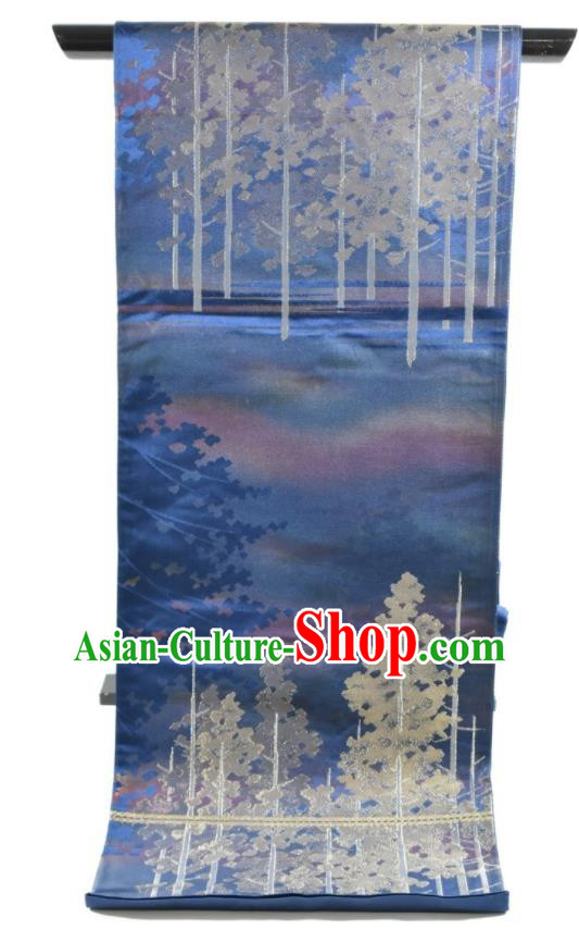 Japanese Traditional Yukata Robe Girdle Accessories Classical Trees Pattern Kimono Belt Handmade Nishijin Blue Brocade Waistband