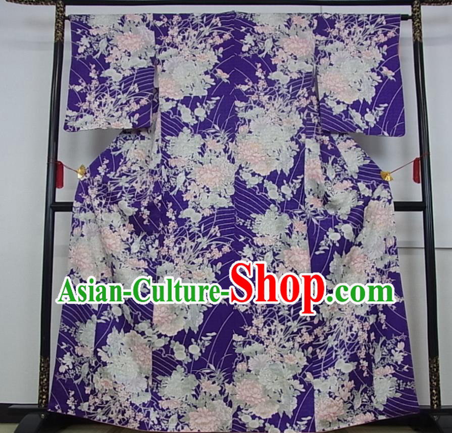 Japanese Classical Peony Pattern Tsukesage Kimono Costume Court Woman Purple Silk Yukata Dress Traditional Festival Clothing
