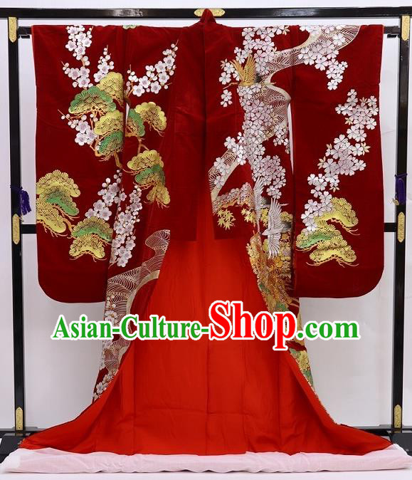 Japanese Wedding Bride Wine Red Yukata Dress Traditional Geisha Performance Clothing Classical Sakura Pine Pattern Uchikake Kimono Costume