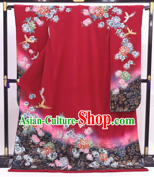 Japanese Classical Flowers Bird Pattern Furisode Kimono Costume Wedding Bride Wine Red Yukata Dress Traditional Geisha Performance Clothing