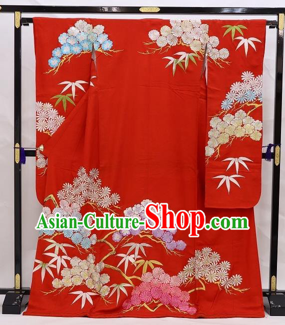 Japanese Traditional Geisha Performance Clothing Classical Chrysanthemum Pattern Furisode Kimono Costume Wedding Bride Red Yukata Dress