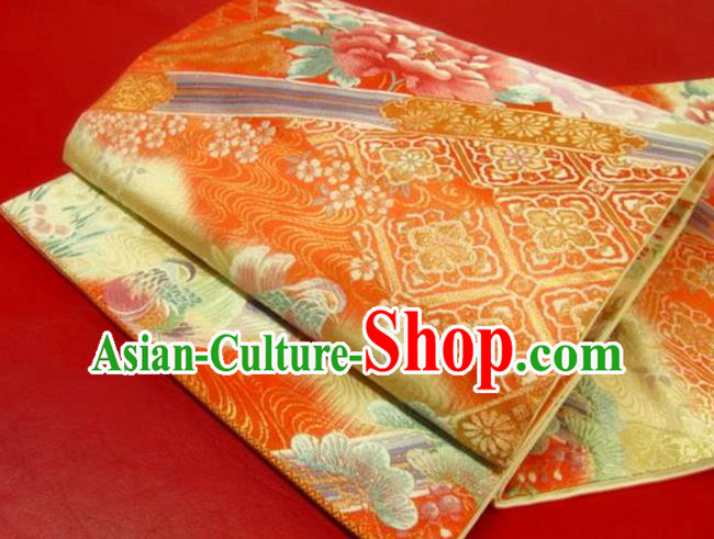 Japanese Classical Peony Pattern Nishijin Red Brocade Belt Handmade Kimono Waistband Traditional Yukata Robe Girdle Accessories