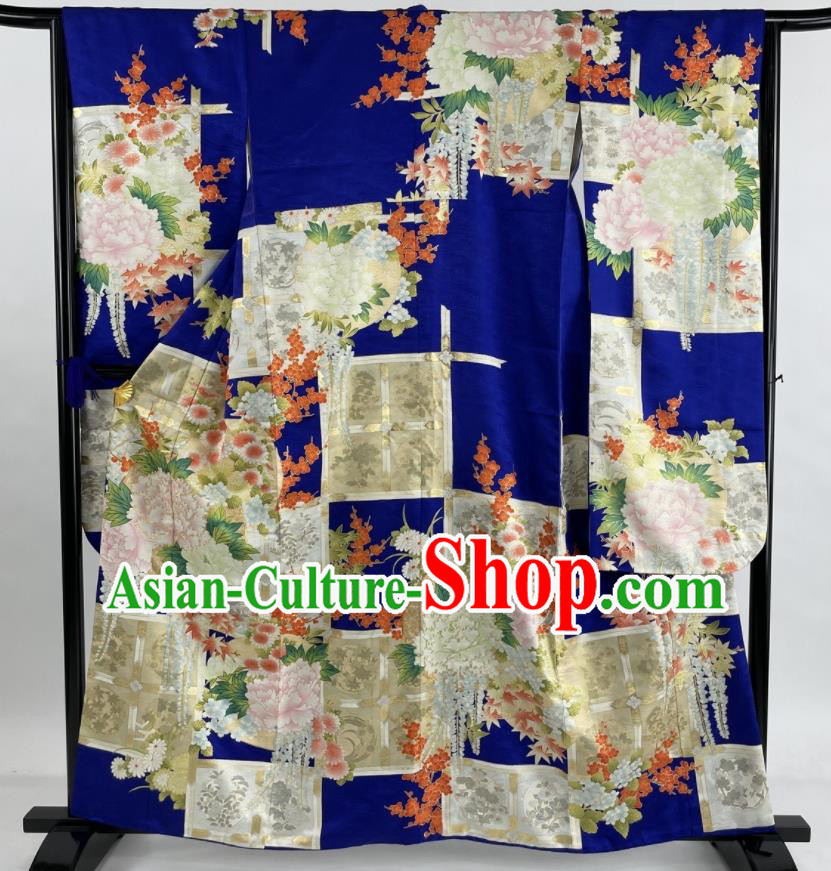 Japanese Traditional Festival Clothing Classical Peony Plum Pattern Furisode Kimono Costume Court Woman Royalblue Silk Yukata Dress