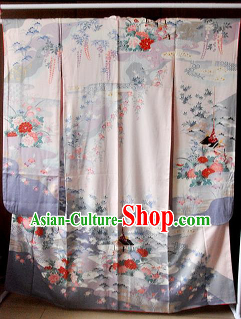 Japanese Young Woman Pink Silk Yukata Dress Traditional Wedding Bride Clothing Classical Flowers Pattern Furisode Kimono Costume