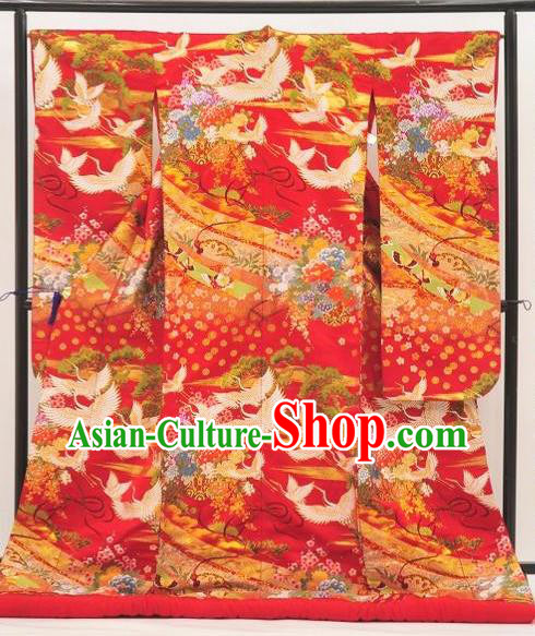 Japanese Traditional Wedding Bride Clothing Classical Cranes Pattern Uchikake Kimono Costume Young Woman Red Silk Yukata Dress