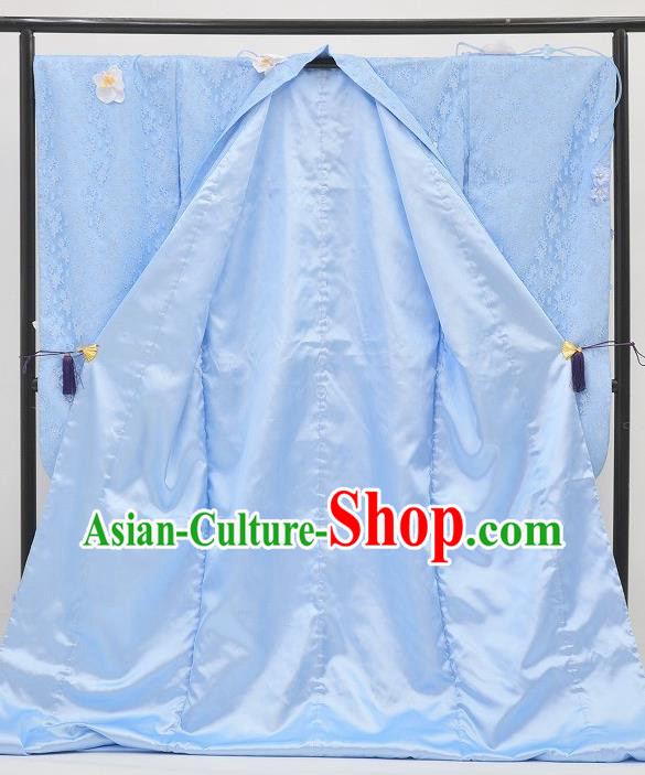 Japanese Court Empress Light Blue Silk Yukata Dress Traditional Wedding Bride Lace Clothing Classical Cranes Pattern Furisode Kimono Costume