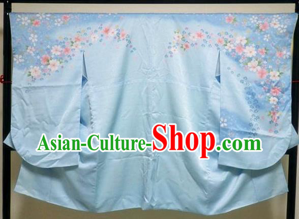 Japanese Traditional Wedding Bride Clothing Classical Sakura Pattern Furisode Kimono Costume Court Empress Blue Silk Yukata Dress