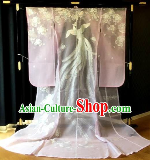 Japanese Court Princess Pink Silk Yukata Dress Traditional Wedding Bride Clothing Classical Embroidered Phoenix Pattern Uchikake Kimono Costume