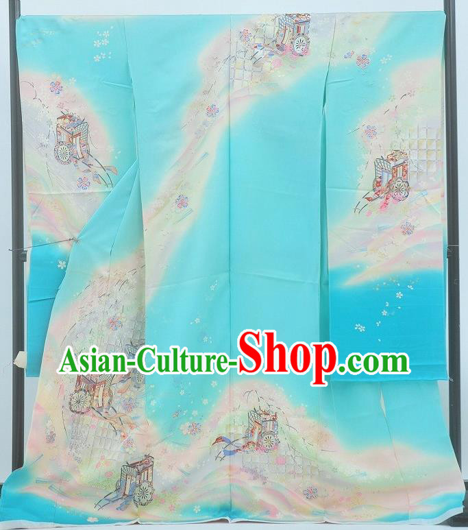 Japanese Classical Gharry Pattern Furisode Kimono Costume Wedding Bride Blue Yukata Dress Traditional Court Princess Clothing