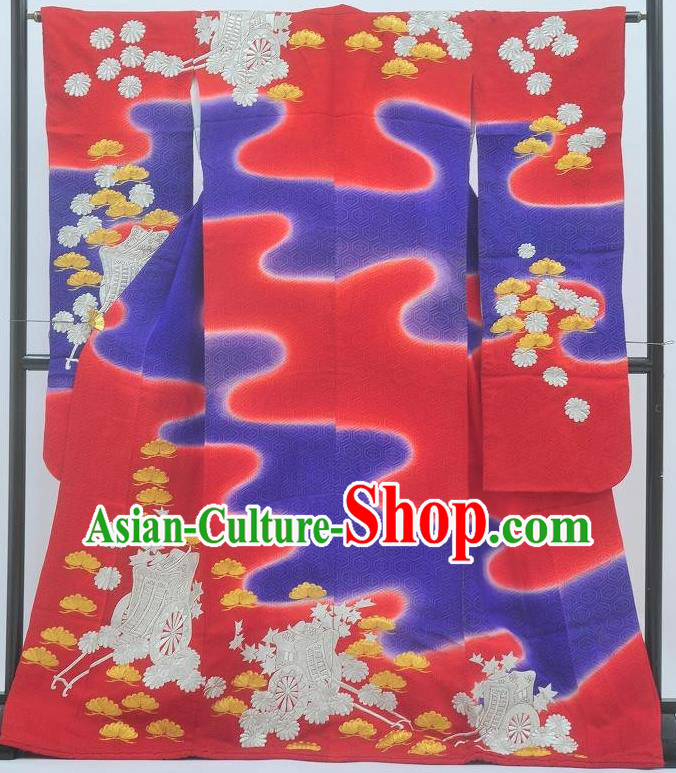 Japanese Wedding Bride Red Yukata Dress Traditional Court Princess Uchikake Clothing Classical Chrysanthemum Pattern Furisode Kimono Costume
