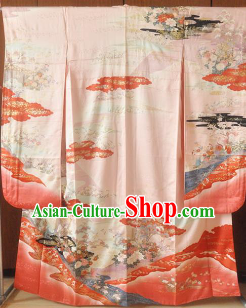 Japanese Classical Flowers Pattern Furisode Kimono Costume Wedding Bride Pink Silk Yukata Dress Traditional Court Princess Clothing