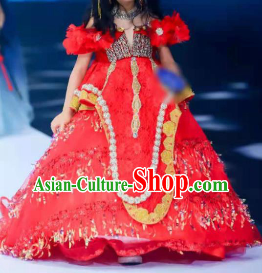 Custom Girl Catwalks Garment Costumes Stage Show Red Trailing Dress Baroque Princess Fashion Piano Recital Formal Clothing